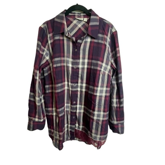 Logo Lori Goldstein Purple Red Plaid Button Up‎ Tunic Top Size S Lace Hem - Picture 1 of 7